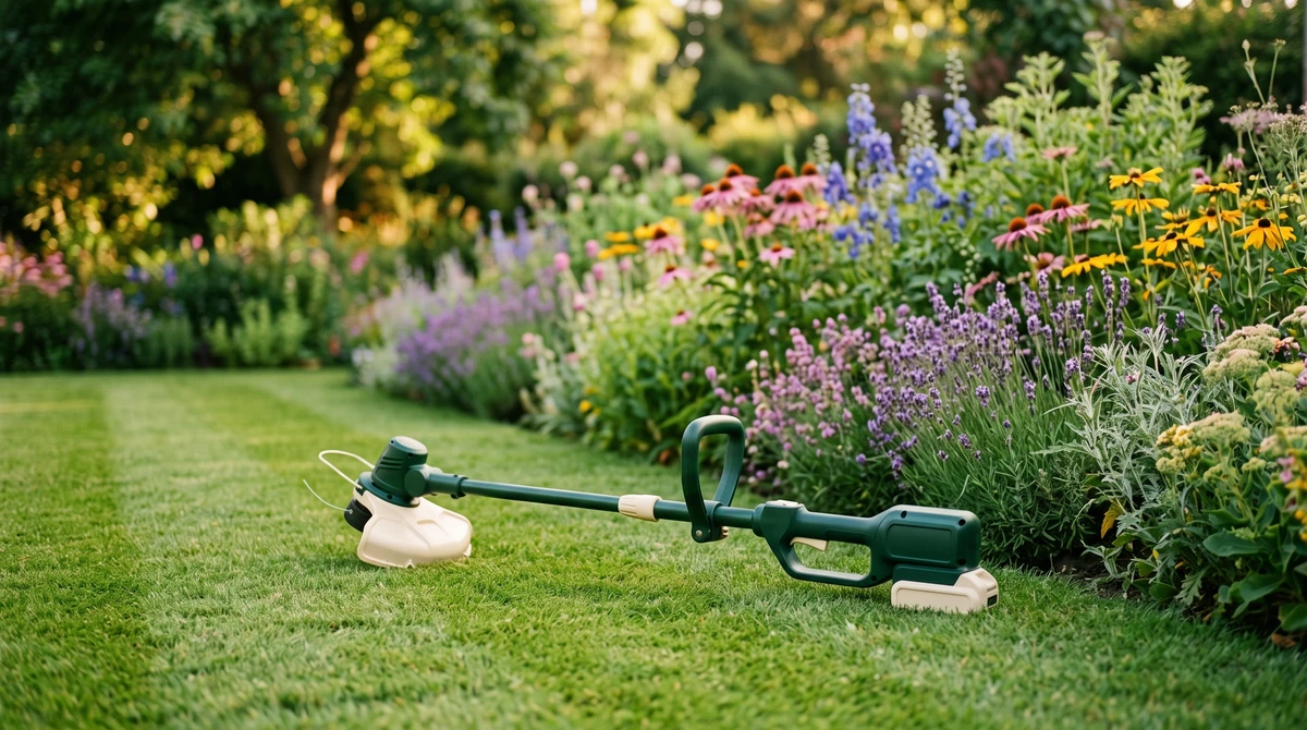 Line trimmer on a mown lawn beside a border
