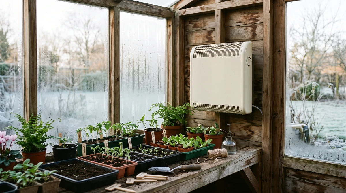 Heater in a greenhouse with seed trays