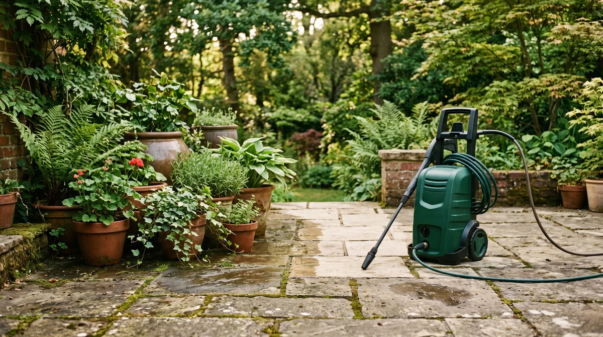 Pressure washer on a stone patio