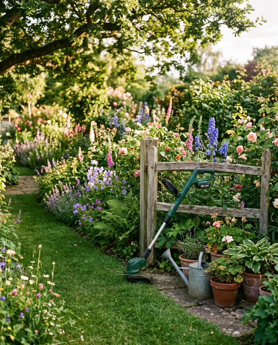 A cottage garden border with a cordless grass trimmer resting against a timber fence